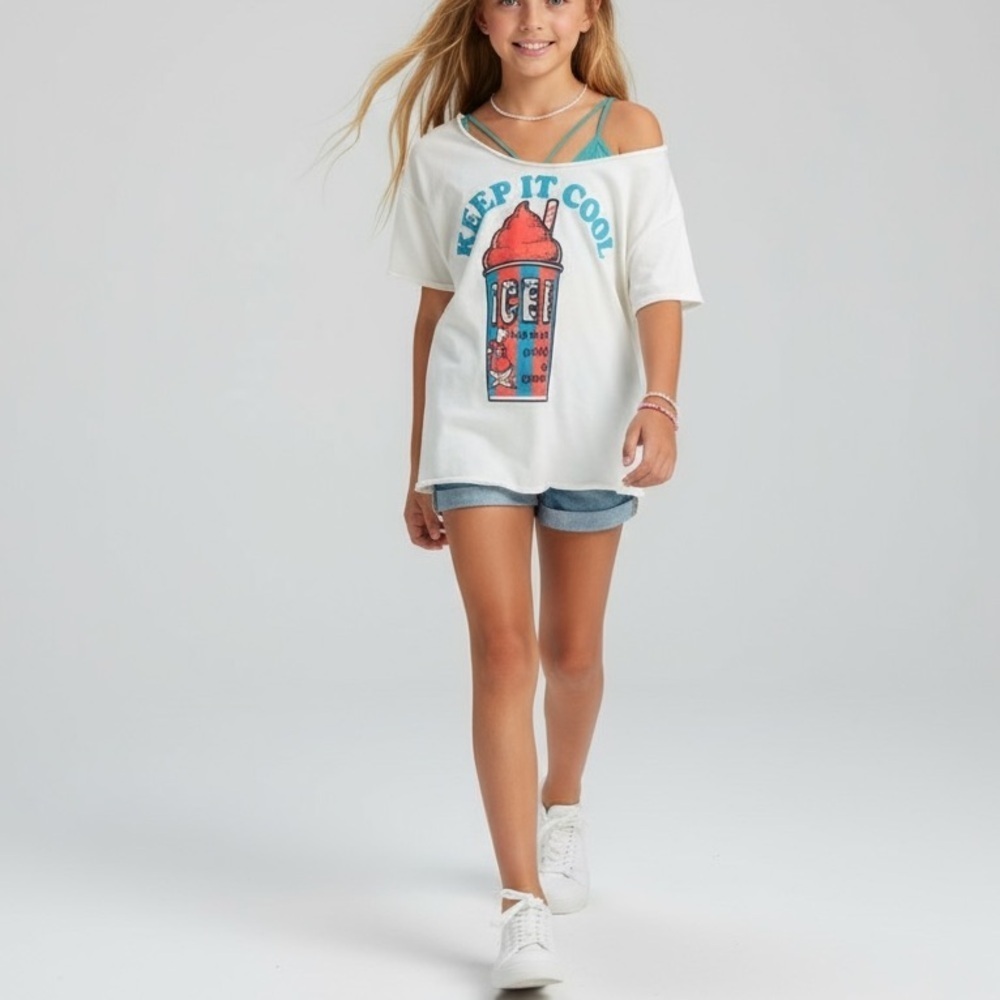 Icee Keep It Cool Cream Off Shoulder Tee with Teal Cropped Tank Bralette Size XL